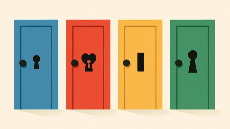 A row of doors each fitted with a different custom keyhole