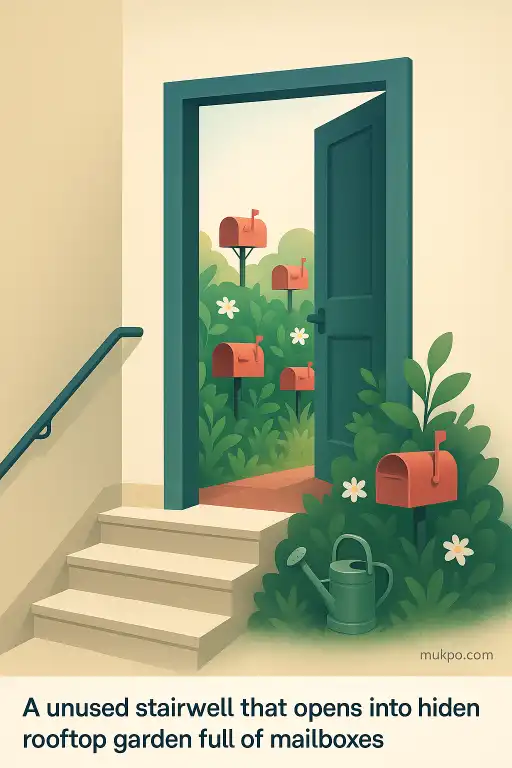 An unused stairwell that opens into a hidden rooftop garden full of mailboxes
