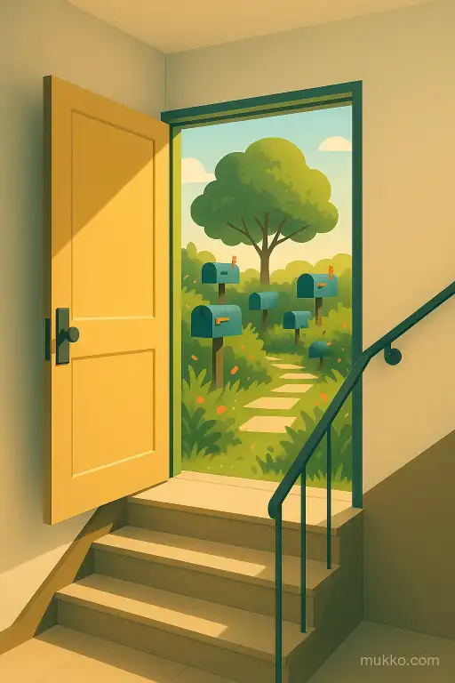 An unused stairwell that opens into a hidden rooftop garden full of mailboxes