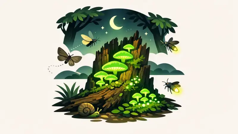 Editorial illustration for: The fungus that lights up trees and calls insects at night (Nature/Science)