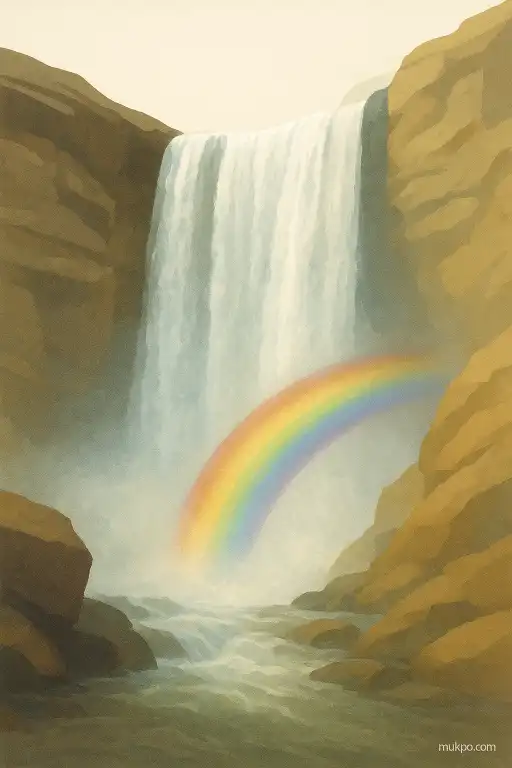 How tiny vortices make rainbows around waterfalls