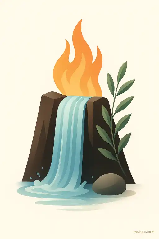 A waterfall with a natural flame burning behind it