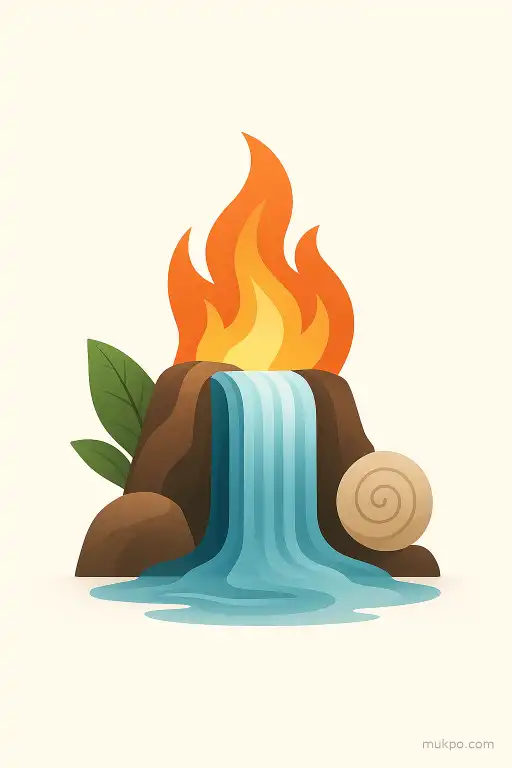 A waterfall with a natural flame burning behind it