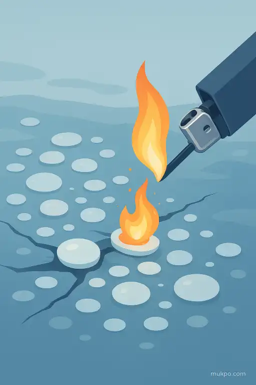 Frozen methane bubbles on a lake that can be set alight
