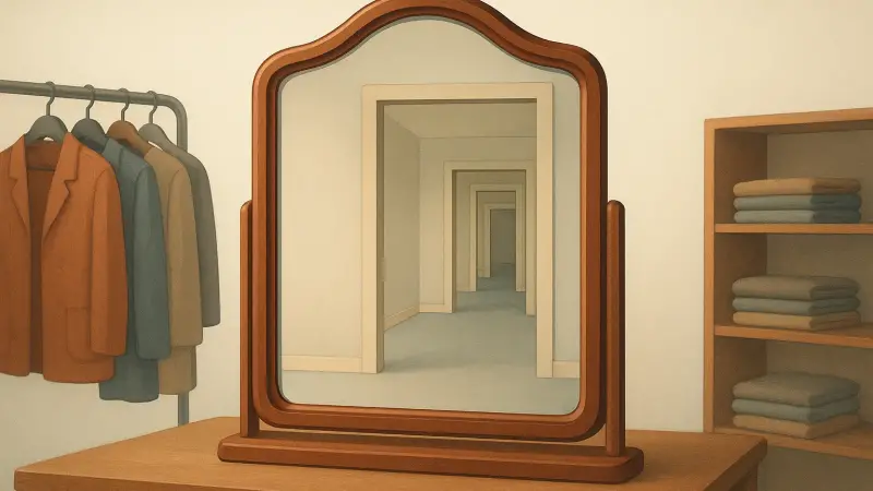 The mirror in a thrift shop that reflects rooms nobody recognizes