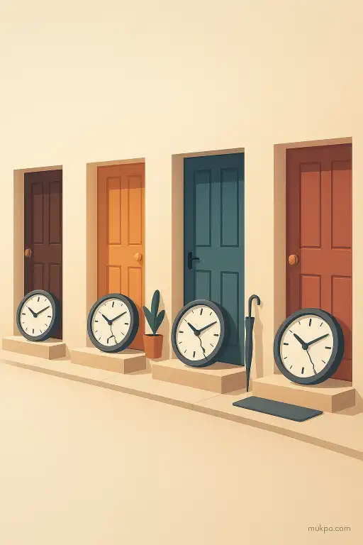 A street where every doorstep displays a broken clock set to the same minute