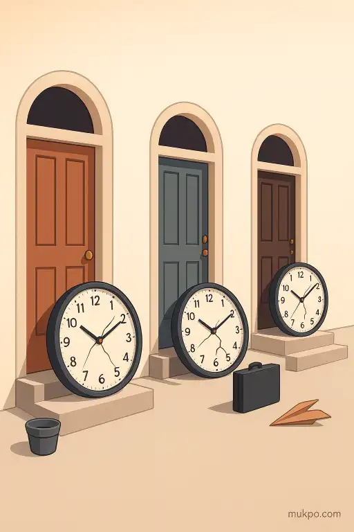 A street where every doorstep displays a broken clock set to the same minute