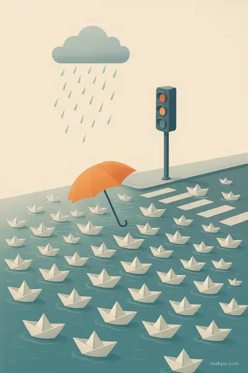 An intersection that fills with hundreds of paper boats after every downpour
