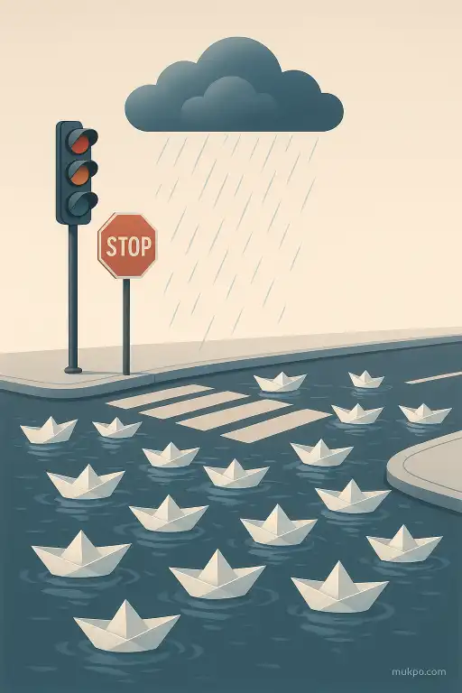 An intersection that fills with hundreds of paper boats after every downpour